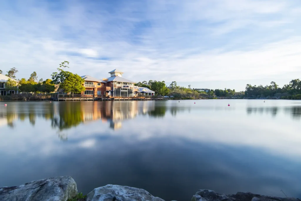 Springfield Lakes, Ipswich City, Australia - View of the lake and local business in Springfield Lakes