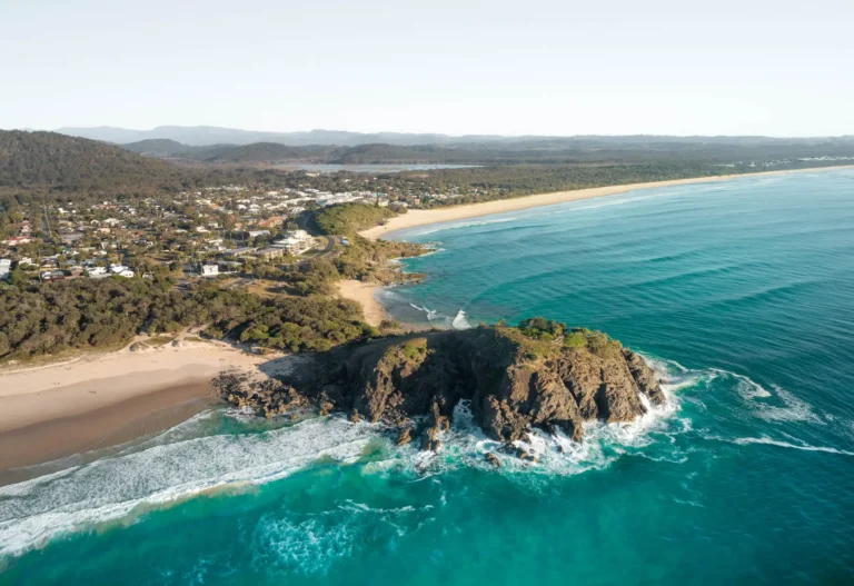 Sunrise aerial of Cabarita Headland in New South Wales