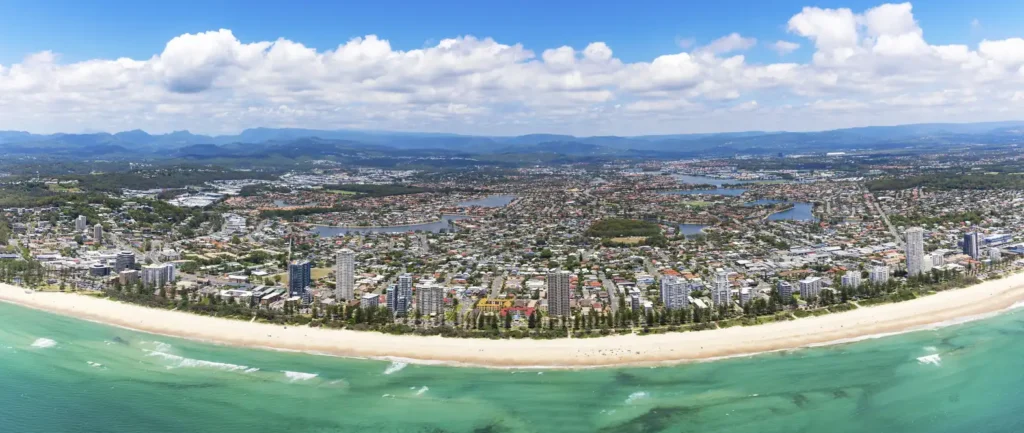 Panoramic view of sunny Burleigh Heads with Burleigh Waters in the background on the Gold Coast, Queensland Australia