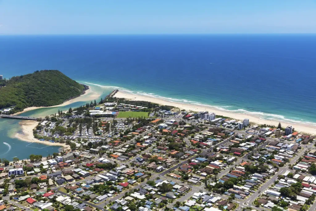 Sunny view of Palm Beach and Tallebudgera Creek on the Gold Coast, Queensland, Australia
